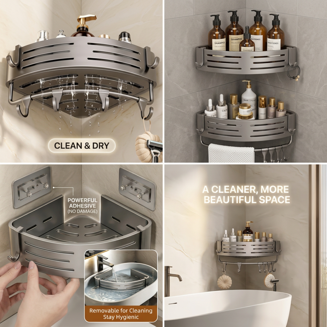 Shower Shelf 2-Piece Set | Corner Storage Organizer with Towel Bar-Vibee Living