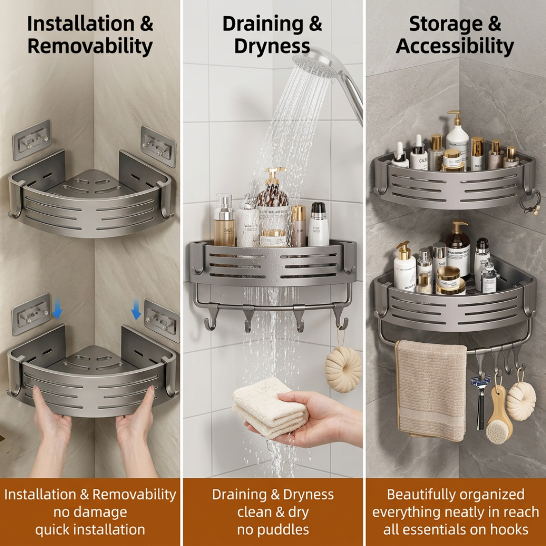 Shower Shelf 2-Piece Set | Corner Storage Organizer with Towel Bar-Vibee Living