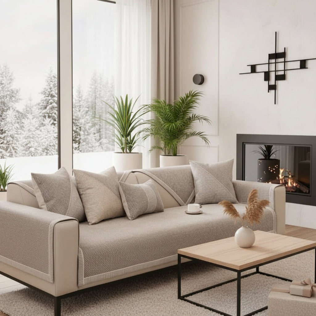 Textured Sofa Cover with Braided Trim | Non-Slip Lay-Over Slipcover-Vibee Living