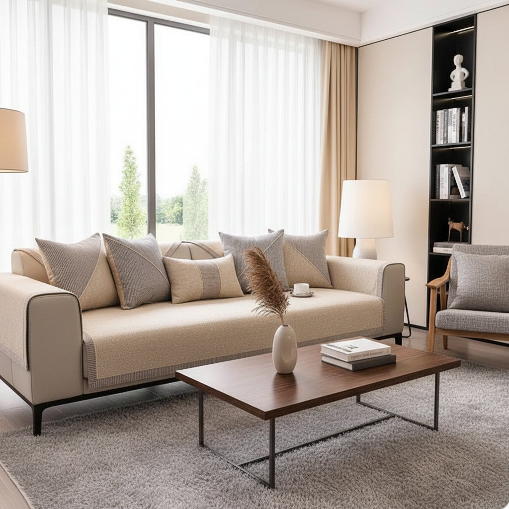 Textured Sofa Cover with Braided Trim | Non-Slip Lay-Over Slipcover-Vibee Living