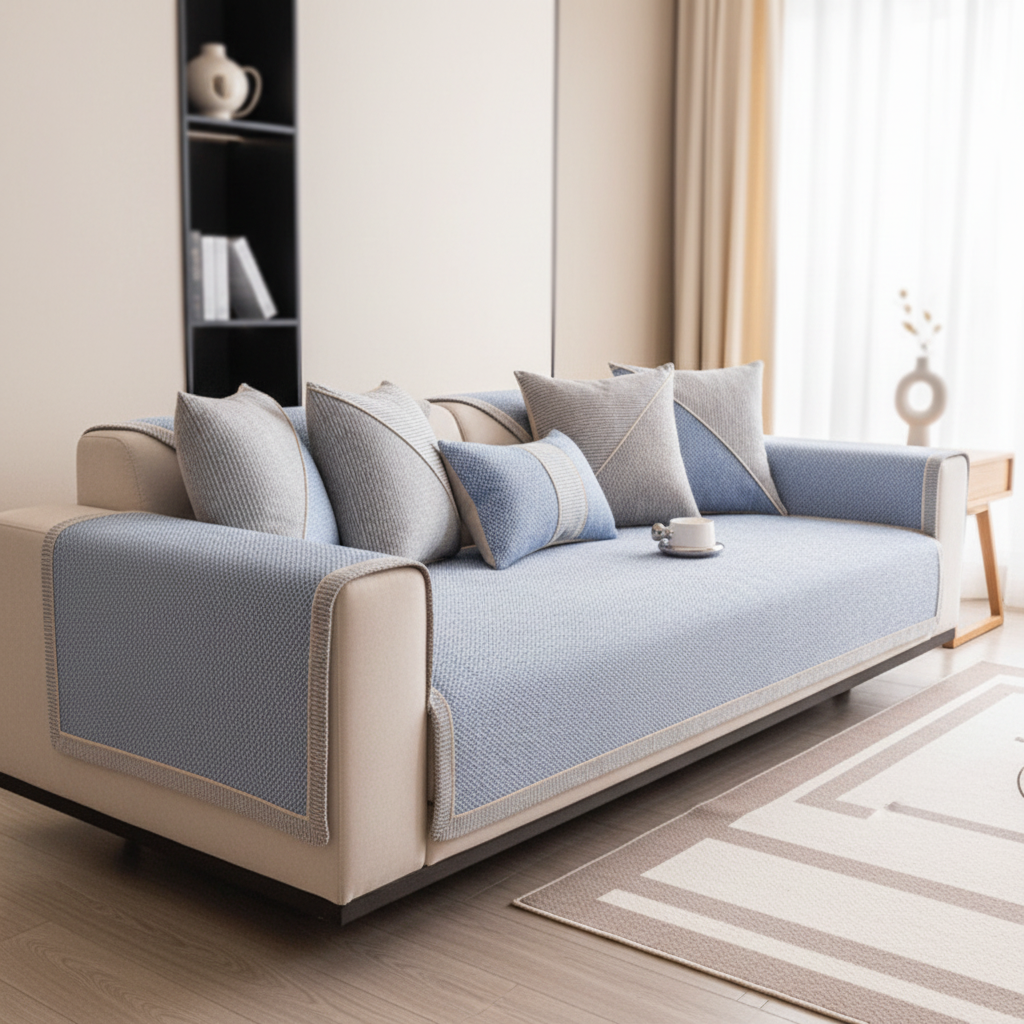 Textured Sofa Cover with Braided Trim | Non-Slip Lay-Over Slipcover-Vibee Living