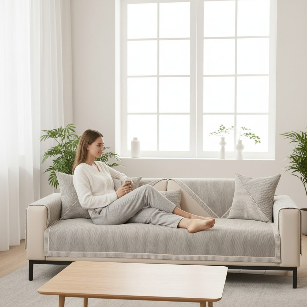 Textured Sofa Cover with Braided Trim | Non-Slip Lay-Over Slipcover-Vibee Living
