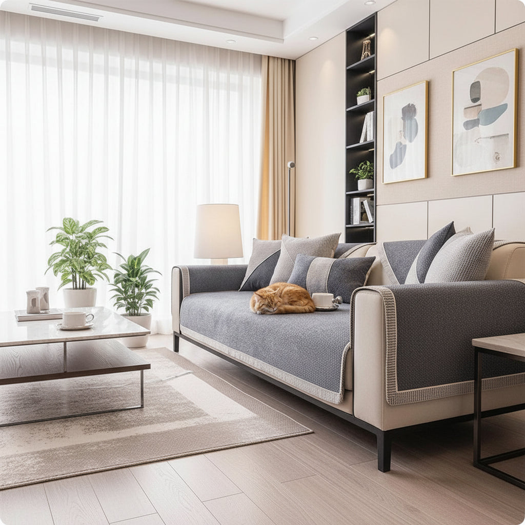 Textured Sofa Cover with Braided Trim | Non-Slip Lay-Over Slipcover-Vibee Living