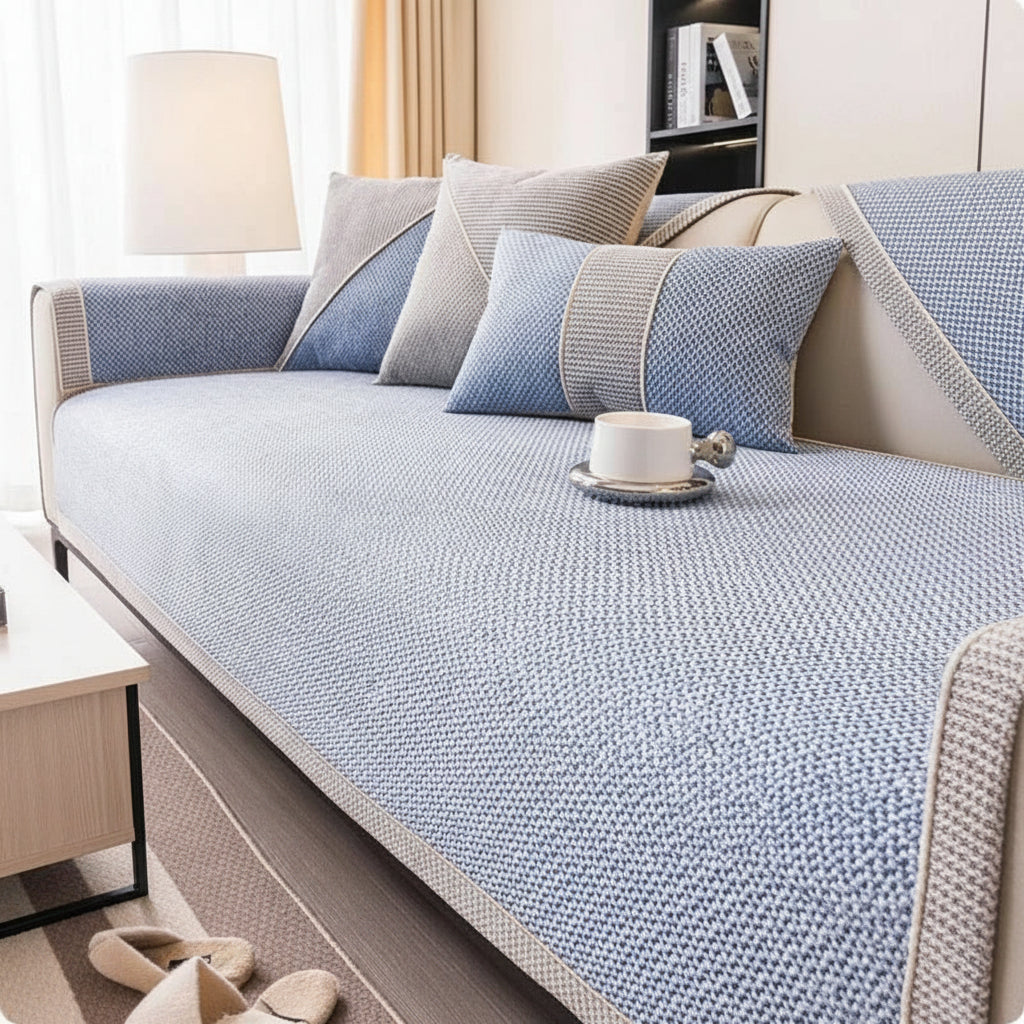 Textured Sofa Cover with Braided Trim | Non-Slip Lay-Over Slipcover-Vibee Living