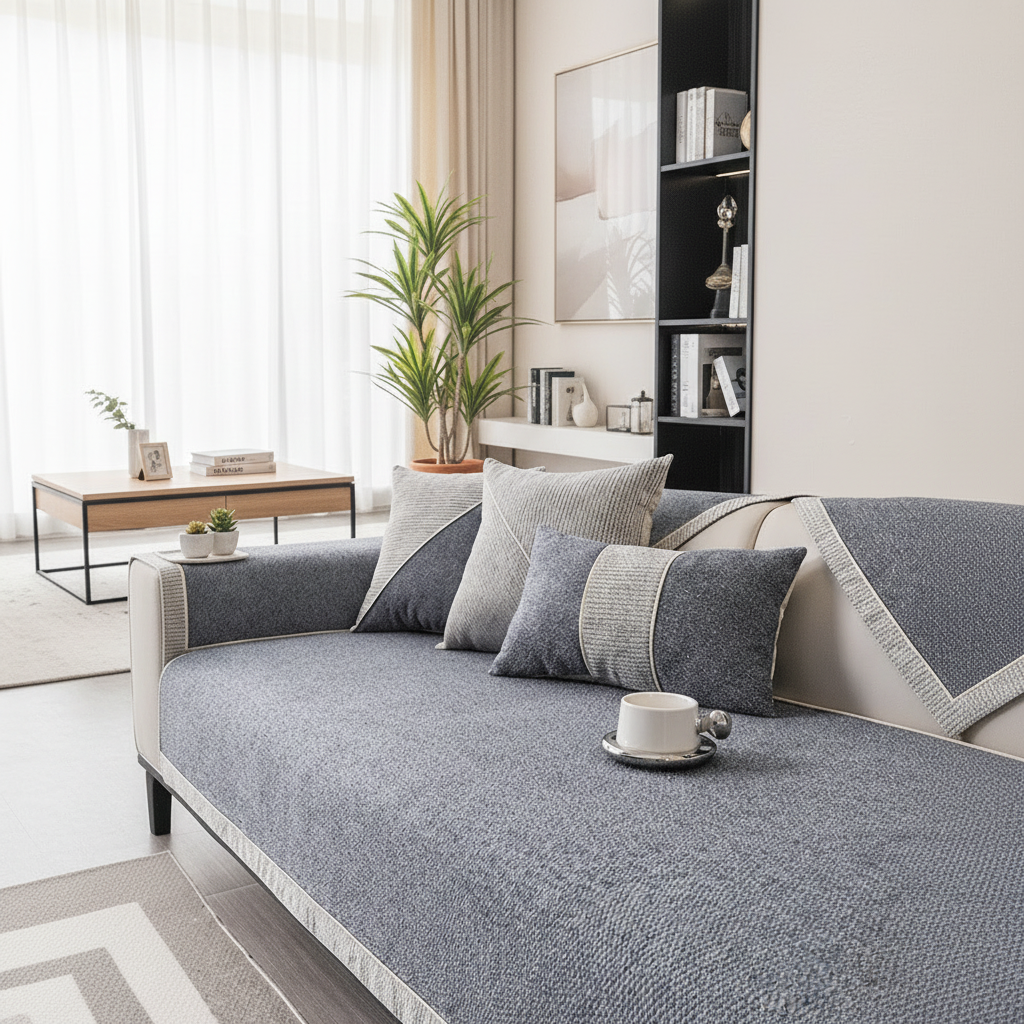 Textured Sofa Cover with Braided Trim | Non-Slip Lay-Over Slipcover-Vibee Living